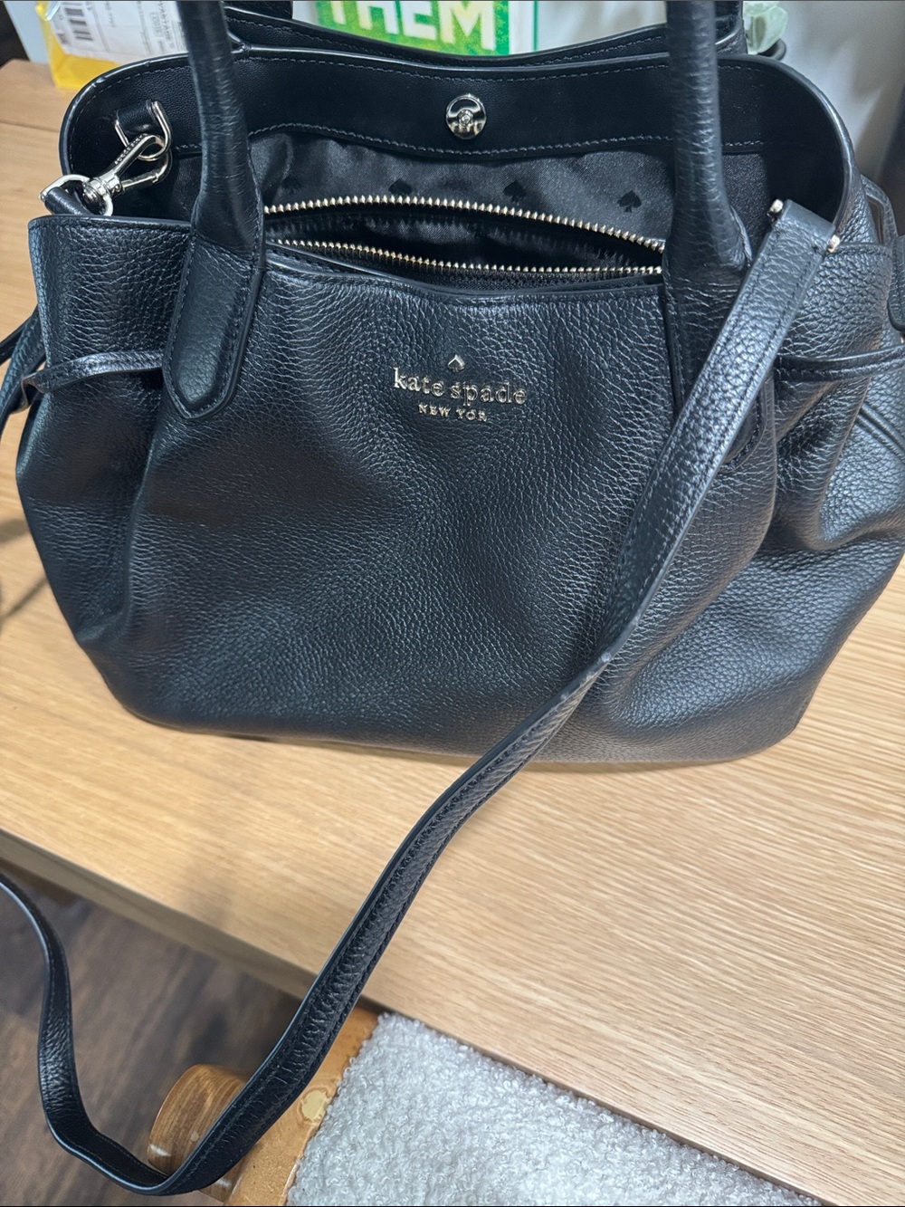 kate spade Black Pebbled Leather Shoulder Bag with Gold Logo
